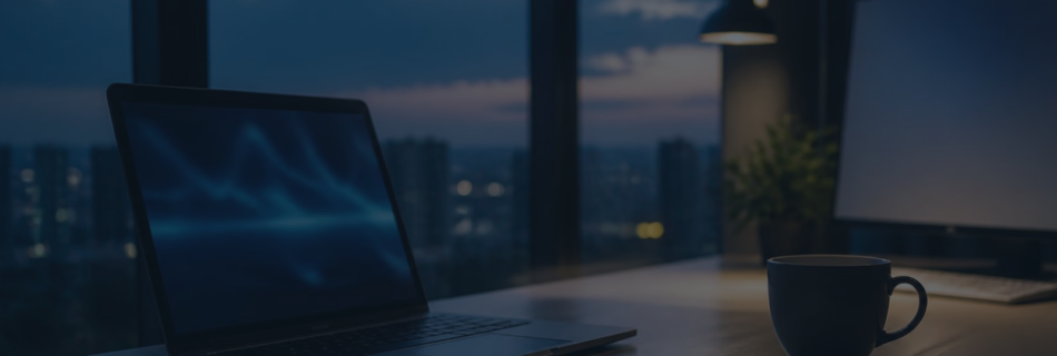 Escritorio con portátil y monitor encendidos al atardecer junto a una ventana