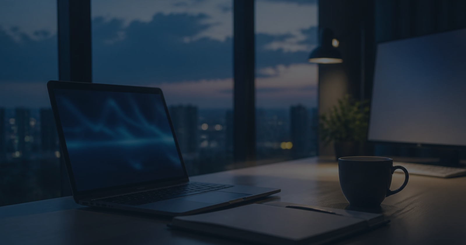 Escritorio con portátil y monitor encendidos al atardecer junto a una ventana
