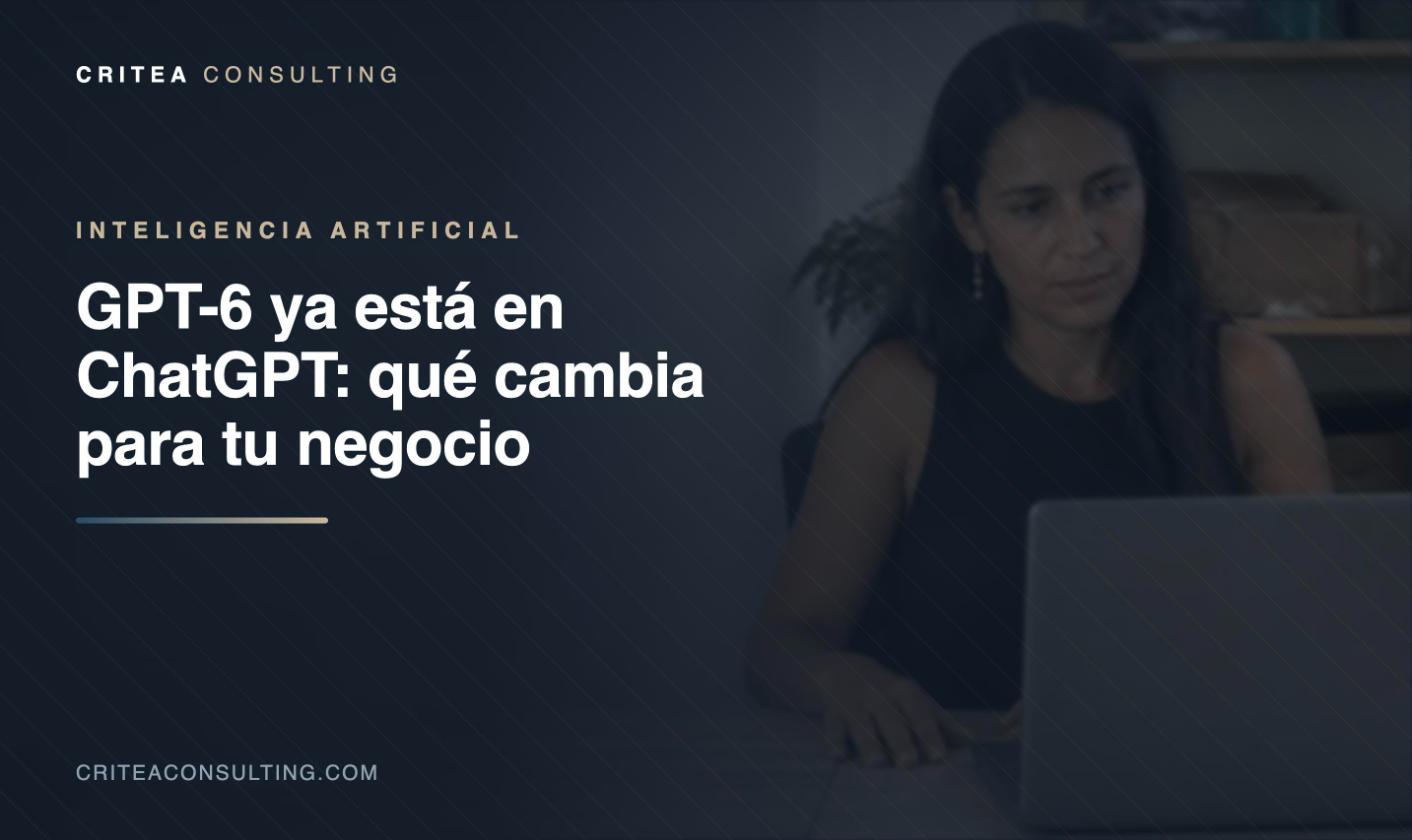 Empresaria revisando GPT-6 en ChatGPT desde su portatil en una oficina pequena