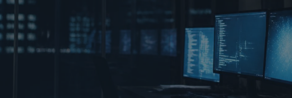 Oficina de inteligencia artificial a oscuras con monitores encendidos