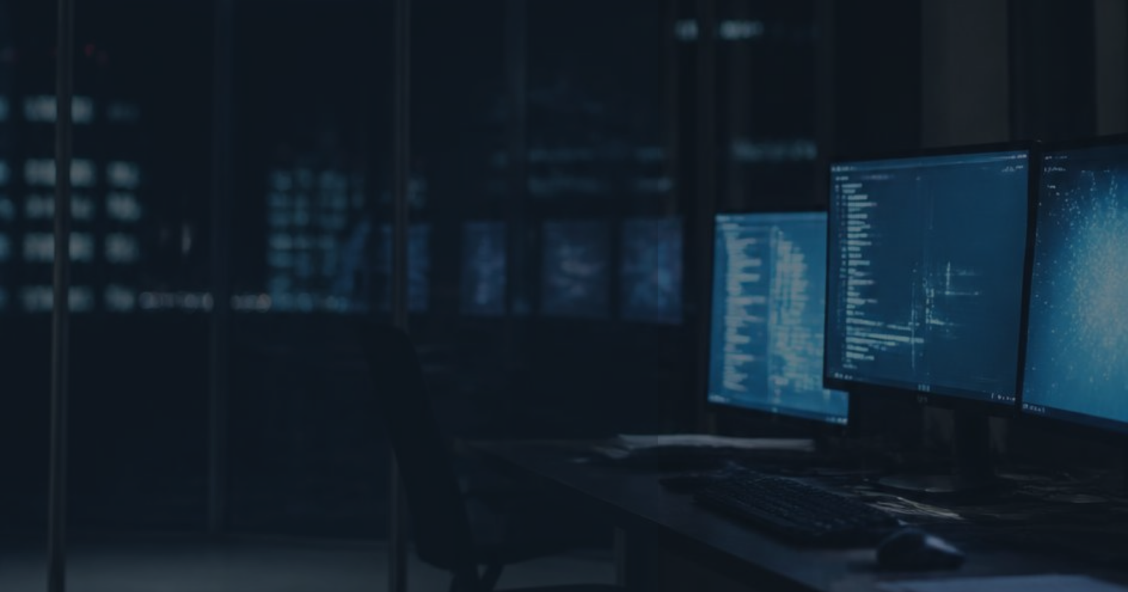 Oficina de inteligencia artificial a oscuras con monitores encendidos